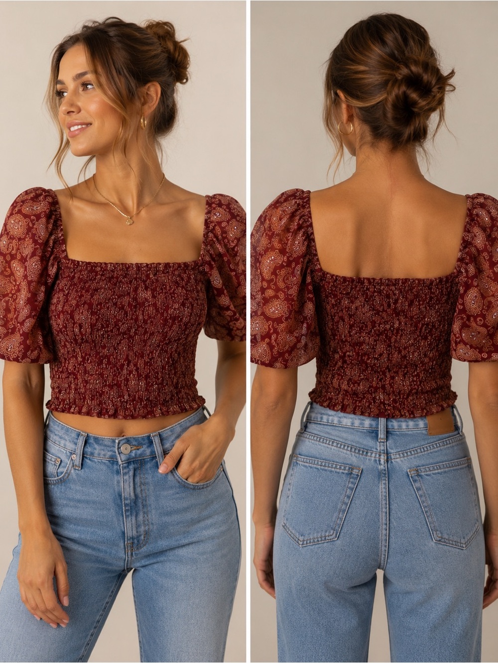 Express Burgundy Paisley Puff-Sleeve Smocked Crop Top